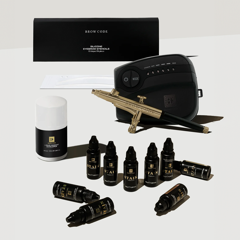 Brow Code Air Brush and Pro Stain Kit Plus Stencils and Liquid Peroxide